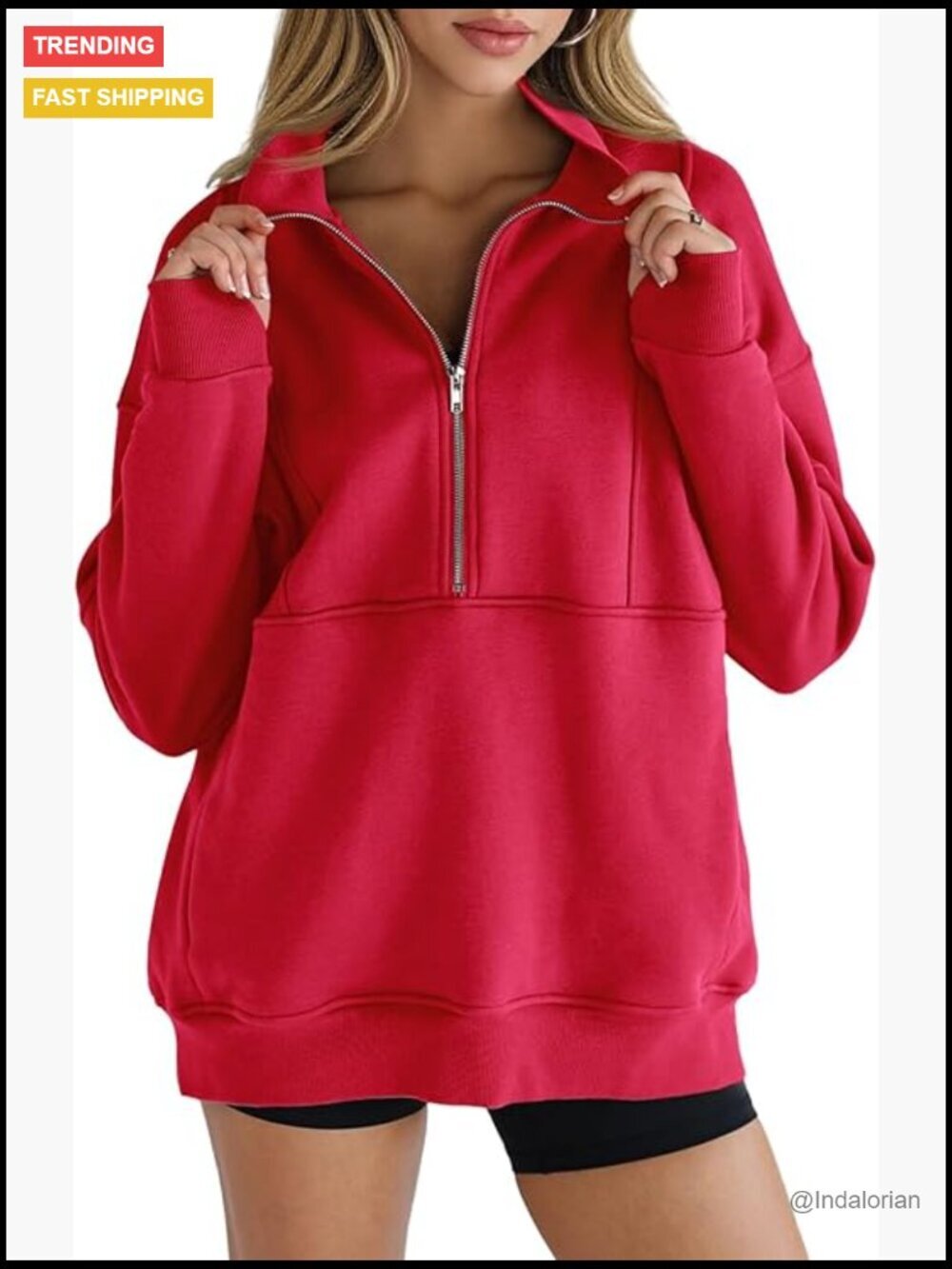 Half Zip Fleece Oversized Sweatshirt with Pockets Thumb Hole